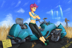 Size: 1500x1000 | Tagged: safe, artist:madhotaru, scootaloo, human, g4, belly button, dieselpunk, female, hoverbike, humanized, midriff, motorcycle, solo