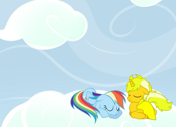 Size: 900x650 | Tagged: safe, artist:m3atl0afman, rainbow dash, oc, g4, canon x oc, cloud, cloudy, sleeping