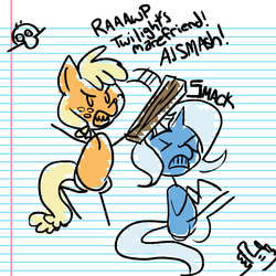 Size: 1000x1000 | Tagged: safe, artist:fauxsquared, applejack, trixie, trixie is magic, g4, kilroy, kilroy was here, violence