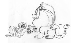 Size: 900x550 | Tagged: safe, artist:lauren faust, fluttershy, manny roar, manticore, pegasus, pony, g4, color me, concept art, duo, female, grayscale, mare, monochrome, raised hoof, raised paw, thorn, thorn in foot, traditional art