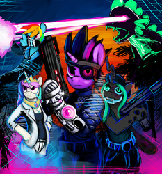 Size: 2800x3000 | Tagged: safe, artist:gordonfreeguy, princess celestia, queen chrysalis, rainbow dash, spike, twilight sparkle, cyborg, g4, crossover, eye beams, far cry, farcry3: blood dragon, gun