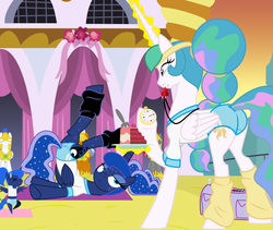 Size: 1077x907 | Tagged: safe, artist:evilfrenzy, edit, princess celestia, princess luna, pony, g4, alternate hairstyle, bipedal, blowing whistle, butt, cake, clothes, cropped, crumbs, exercise, hair bun, leg warmers, pigtails, plot, pointy ponies, ponytail, royal guard, sweat, unamused, vector, whistle, yoga