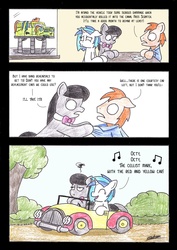 Size: 2482x3510 | Tagged: safe, artist:bobthedalek, dj pon-3, octavia melody, vinyl scratch, oc, earth pony, pony, unicorn, g4, car, comic, convertible, female, funny, male, mechanic, noddy, reliant robin, singing, wubmobile