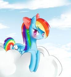 Size: 643x700 | Tagged: safe, artist:haruliina, rainbow dash, g4, alternate hairstyle, blushing, bow, cloud, cloudy, embarrassed, female, solo