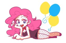 Size: 500x326 | Tagged: safe, artist:bartolomeus_, pinkie pie, human, g4, bare shoulders, bowtie, female, humanized, light skin, lying down, nail polish, open mouth, pinkie pie's cutie mark, simple background, solo, white background