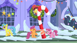 Size: 845x476 | Tagged: safe, artist:dtkraus, edit, screencap, lemon hearts, ruby pinch, scootaloo, pegasus, pony, unicorn, g4, hearth's warming eve (episode), 8 foot candy cane, a christmas story, candy cane, christmas wreath, eyes closed, female, filly, hearth's warming eve, impossibly long tongue, licking, long tongue, mare, open mouth, raised hoof, sad, snow, stuck, tongue out, tongue stuck to pole, wat, wreath