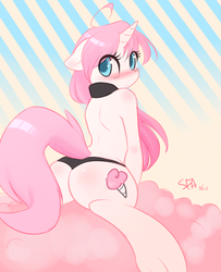Size: 1300x1600 | Tagged: safe, artist:spittfireart, oc, oc only, oc:cotton candy, unicorn, semi-anthro, adorasexy, beautiful, blushing, butt, butt blush, clothes, cloud, collar, cotton candy, cotton candy cloud, cute, eye clipping through hair, female, food, hooves, horn, looking at you, looking back, looking back at you, ocbetes, panties, pinup, plot, pretty, rear view, riding, sexy, signature, solo, thong, underhoof, underwear, unicorn oc