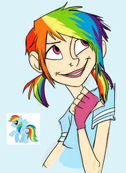 Size: 500x685 | Tagged: dead source, safe, artist:geromy, rainbow dash, human, g4, clothes, fingerless gloves, gloves, humanized, light skin, pigtails, simple background