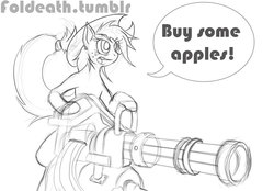 Size: 788x550 | Tagged: safe, artist:foldeath, applejack, g4, buy some apples, female, gun, m134 vulcan, minigun, monochrome, solo