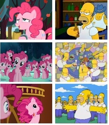 Size: 403x461 | Tagged: safe, edit, edited screencap, screencap, pinkie pie, earth pony, human, pony, g4, season 2, season 3, the super speedy cider squeezy 6000, too many pinkie pies, alcohol, beer, cider, cider mug, clone, comparison, female, frosty chocolate milkshakes, homer simpson, male, mare, mug, multeity, pinkie clone, pinkie's silly face, simpsons did it, the simpsons, too much pink energy is dangerous