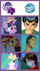 Size: 598x1042 | Tagged: safe, princess celestia, sunset shimmer, twilight sparkle, pony, equestria girls, g4, comparison, comparison chart, koenma, sensui shinobu, twilight sparkle (alicorn), urameshi yusuke, yu yu hakusho