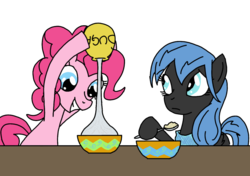 Size: 1024x719 | Tagged: safe, artist:wryte, pinkie pie, oc, pegasus, pony, g4, breakfast, clothes, dusky down, oatmeal, scarf, sugar (food)