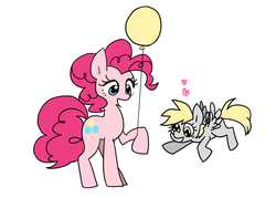 Size: 700x500 | Tagged: safe, artist:bartolomeus_, derpy hooves, pinkie pie, pegasus, pony, g4, balloon, blushing, female, mare