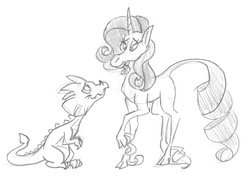 Size: 1184x922 | Tagged: safe, artist:frankilew, rarity, spike, classical unicorn, g4, cloven hooves, female, horn, leonine tail, male, monochrome, ship:sparity, shipping, straight, traditional art