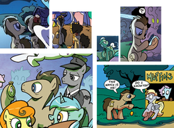 Size: 665x489 | Tagged: safe, idw, official comic, carrot top, derpy hooves, doctor whooves, eleventh hour, golden harvest, lyra heartstrings, observer (g4), time turner, pegasus, pony, g4, spoiler:comic, doctor who, eleventh doctor, female, first doctor, fob watch, fourth doctor, fringe, john smith, mare, muffin, observer, pocket watch, sonic screwdriver, tenth doctor, the doctor, tom baker, unnamed character, unnamed pony, william hartnell