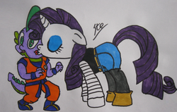 Size: 823x522 | Tagged: safe, artist:steghost, rarity, spike, g4, android 18, crossover, dragon ball, dragon ball z, female, krillin, male, ship:sparity, shipping, straight