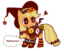 Size: 887x708 | Tagged: safe, artist:うめぐる, artist:うめのぐるぐる三世, part of a set, applejack, g4, bell, bell collar, bone, bow, clothes, collar, costume, female, halloween, hat, heart, mouth hold, pixiv, simple background, solo, suit, witch hat