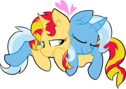 Size: 777x554 | Tagged: safe, artist:deerspit, sunset shimmer, trixie, pony, unicorn, g4, female, heart, lesbian, ship:suntrix, shipping