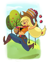 Size: 1933x2527 | Tagged: dead source, safe, artist:twitchykismet, applejack, human, g4, action pose, adventure time, apple, basket, boots, clothes, cowboy boots, female, front knot midriff, gloves, humanized, male, midriff, pony coloring, shoes, solo, working