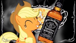 Size: 1192x670 | Tagged: safe, artist:4suit, applejack, earth pony, pony, g4, ^^, alcohol, applejack daniel's, eyes closed, female, jack daniels, namesake, product placement, pun, solo