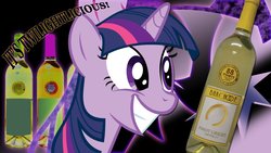 Size: 1192x670 | Tagged: safe, artist:4suit, twilight sparkle, g4, alcohol, female, product placement, pun, solo, wine