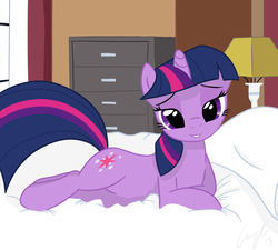 Size: 5000x4500 | Tagged: safe, artist:matimus91, twilight sparkle, pony, unicorn, g4, absurd resolution, bed, bedroom, bedroom eyes, female, lamp, lidded eyes, looking at you, mare, pillow, show accurate, solo