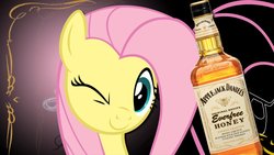 Size: 1192x670 | Tagged: safe, artist:4suit, fluttershy, g4, alcohol, applejack daniel's, female, jack daniels, product placement, pun, solo