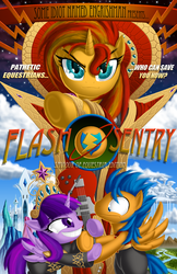 Size: 1100x1700 | Tagged: safe, artist:berrypawnch, flash sentry, sunset shimmer, twilight sparkle, alicorn, pony, unicorn, g4, exploitable meme, female, flash gordon, flash sentry savior of the universe, mare, meme, parody, poster, queen, twilight sparkle (alicorn)