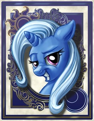 Size: 700x900 | Tagged: safe, artist:harwick, trixie, pony, unicorn, harwick's sun/moon portraits, g4, bedroom eyes, female, grin, looking at you, mare, portrait, smiling, smirk, solo
