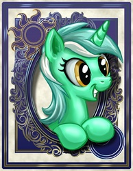 Size: 700x900 | Tagged: safe, artist:harwick, lyra heartstrings, pony, unicorn, harwick's sun/moon portraits, g4, bust, excited, female, grin, portrait, smiling, solo