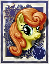Size: 700x900 | Tagged: safe, artist:harwick, carrot top, golden harvest, earth pony, pony, harwick's sun/moon portraits, g4, bust, female, portrait, smiling, solo