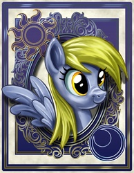 Size: 700x900 | Tagged: safe, artist:harwick, derpy hooves, pegasus, pony, harwick's sun/moon portraits, g4, bust, female, mare, nose wrinkle, portrait, scrunchy face, smiling, solo