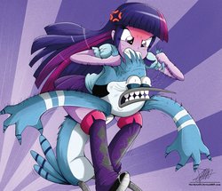 Size: 963x829 | Tagged: safe, artist:the-butch-x, twilight sparkle, equestria girls, g4, angry, clothes, cross-popping veins, crossover, duo, emanata, hair pulling, hilarious in hindsight, male, mordecai, regular show, riding, skirt, sunburst background