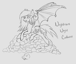 Size: 1280x1068 | Tagged: safe, artist:iraincloud, princess cadance, pegasus, pony, vampire, g4, bat wings, dead, fangs, female, monochrome, nightmare, skull, solo