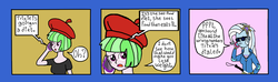 Size: 2139x629 | Tagged: safe, artist:oneovertwo, drama letter, trixie, watermelody, comic:trixie enemy of, equestria girls, g4, background human, blind, blind joke, comic, diet, sunglasses