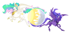 Size: 3400x1600 | Tagged: safe, artist:cabbion, princess celestia, princess luna, alicorn, pony, g4, female, flying, mare, moon, royal sisters, siblings, simple background, sisters, sun, transparent background