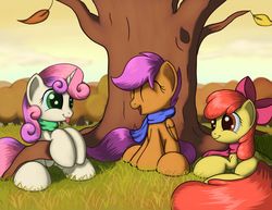 Size: 3300x2550 | Tagged: safe, artist:grennadder, apple bloom, scootaloo, sweetie belle, g4, autumn, big hooves, clothes, cutie mark crusaders, scarf, tree