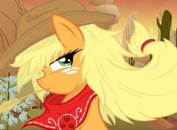 Size: 3000x2204 | Tagged: safe, artist:jdrizzle, applejack, g4, bandana, cactus, female, hat, portrait, solo