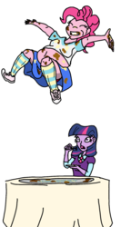 Size: 651x1225 | Tagged: safe, artist:wryte, pinkie pie, twilight sparkle, equestria girls, g4, mmmystery on the friendship express, belly, belly button, big belly, bouncing, cake, clothes, equestria girls interpretation, fat, pudgy pie, scene interpretation, shoes, skirt, socks, striped socks, thigh highs, upskirt