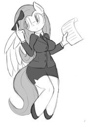 Size: 700x960 | Tagged: safe, artist:tg-0, fluttershy, anthro, g4, breasts, businessmare, busty fluttershy, clothes, female, high heels, monochrome, shoes, side slit, skirt, skirt suit, solo, suit, sunglasses, tube skirt