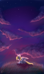 Size: 1700x2834 | Tagged: safe, artist:ghst-qn, derpy hooves, pegasus, pony, g4, cloud, female, grass, mare, prone, sad, scenery, signature, sky, smiling, solo, stars, sunset, twilight (astronomy)