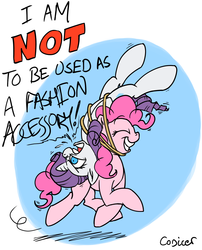 Size: 937x1160 | Tagged: safe, artist:conicer, pinkie pie, rarity, pony, unicorn, g4, angry, dialogue, eyes closed, fashion, female, frown, glare, grin, kidnapped, mare, open mouth, ponies riding ponies, pony hat, rarity riding pinkie pie, riding, smiling, trotting, unamused, unsexy bondage, wardrobe misuse, yelling