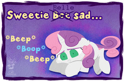 Size: 600x388 | Tagged: safe, artist:bunnimation, sweetie belle, pony, robot, unicorn, friendship is witchcraft, g4, female, filly, foal, hooves, horn, lying down, sad, solo, sweetie bot, text