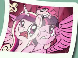 Size: 4000x3000 | Tagged: safe, artist:pirill, pinkie pie, princess cadance, twilight sparkle, alicorn, pony, g4, 30 minute art challenge, female, fluffy, grin, gritted teeth, mare, open mouth, photo, photo booth, smiling, spread wings, twilight sparkle (alicorn), wink