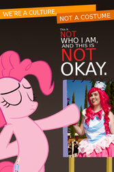 Size: 600x899 | Tagged: safe, pinkie pie, earth pony, human, pony, g4, bipedal, clothes, cosplay, drama, dress, female, gala dress, halloween, irl, irl human, mare, meme, photo, text, we're a culture not a costume, woosh