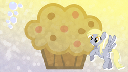 Size: 1024x576 | Tagged: safe, artist:rowlingfan12, derpy hooves, pegasus, pony, g4, bubble, female, giant muffin, mare, muffin, solo, wallpaper
