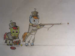 Size: 1024x768 | Tagged: safe, artist:waggytail, fluffy pony, candy, food, gumball, gun, military, rifle, shako, soldier, war