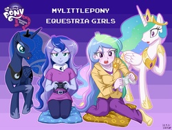 Size: 1000x750 | Tagged: safe, artist:uotapo, princess celestia, princess luna, principal celestia, vice principal luna, alicorn, human, pony, gamer luna, equestria girls, g4, blushing, clothes, console, controller, cutie mark, cutie mark accessory, cutie mark on clothes, equestria girls logo, female, human ponidox, mare, microsoft, missing shoes, my little pony logo, open mouth, pants, pillow, royal sisters, shirt, siblings, sisters, smugluna, socks, sweat, title drop, video game, video game console, xbox, xbox 360, xbox 360 controller
