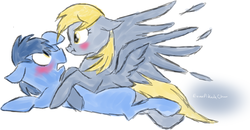 Size: 780x406 | Tagged: safe, artist:eeveepikachuchan, blues, derpy hooves, noteworthy, pegasus, pony, g4, blushing, derpworthy, female, male, mare, shipping, straight, wingboner