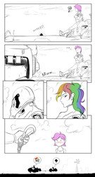 Size: 810x1500 | Tagged: safe, artist:doomy, rainbow dash, scootaloo, human, g4, dieselpunk, hoverbike, humanized